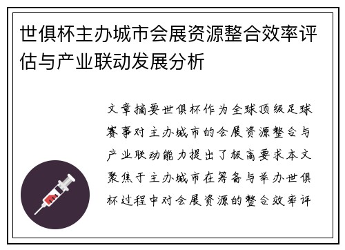 世俱杯主办城市会展资源整合效率评估与产业联动发展分析