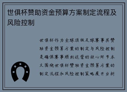 世俱杯赞助资金预算方案制定流程及风险控制