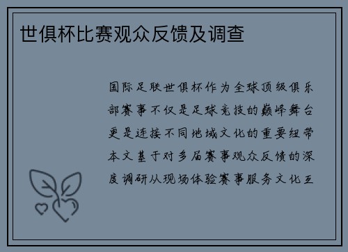 世俱杯比赛观众反馈及调查